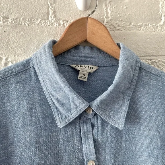 Orvis Womens Linen Blend Button Up Relaxed Fit Blue Tunic Top Coastal Preppy L - Picture 2 of 16